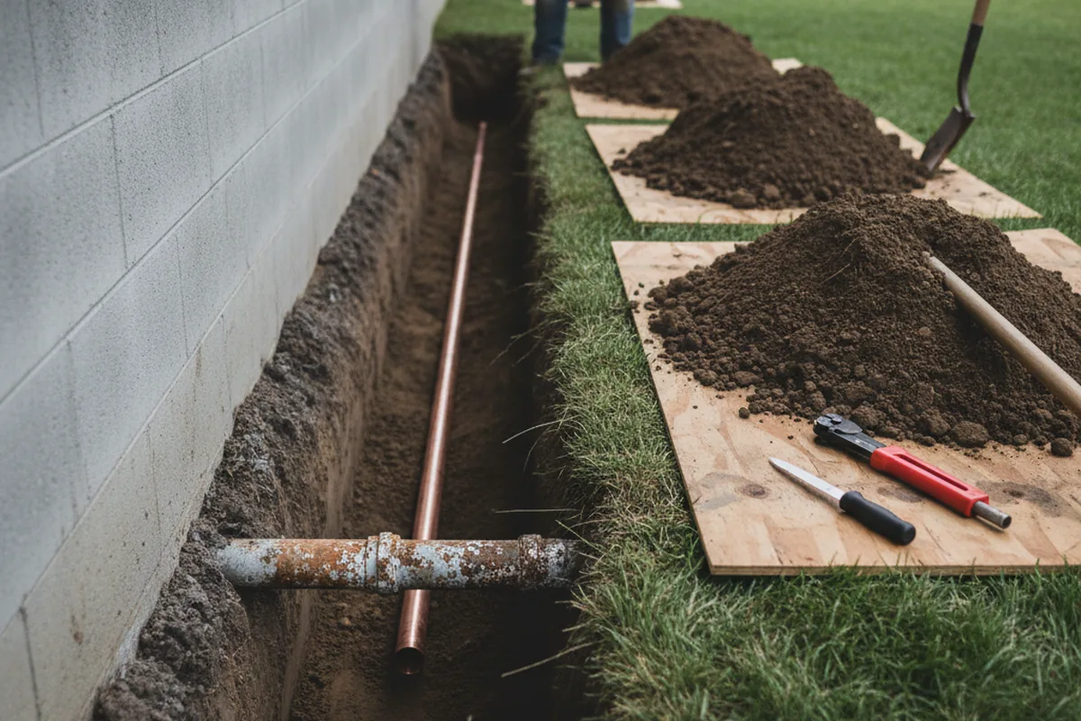 Excavated water line trench during Water Heater Repair in Jewett City